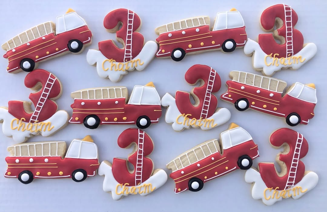 Firetruck and number three cookies with Chaim name for Upsherin